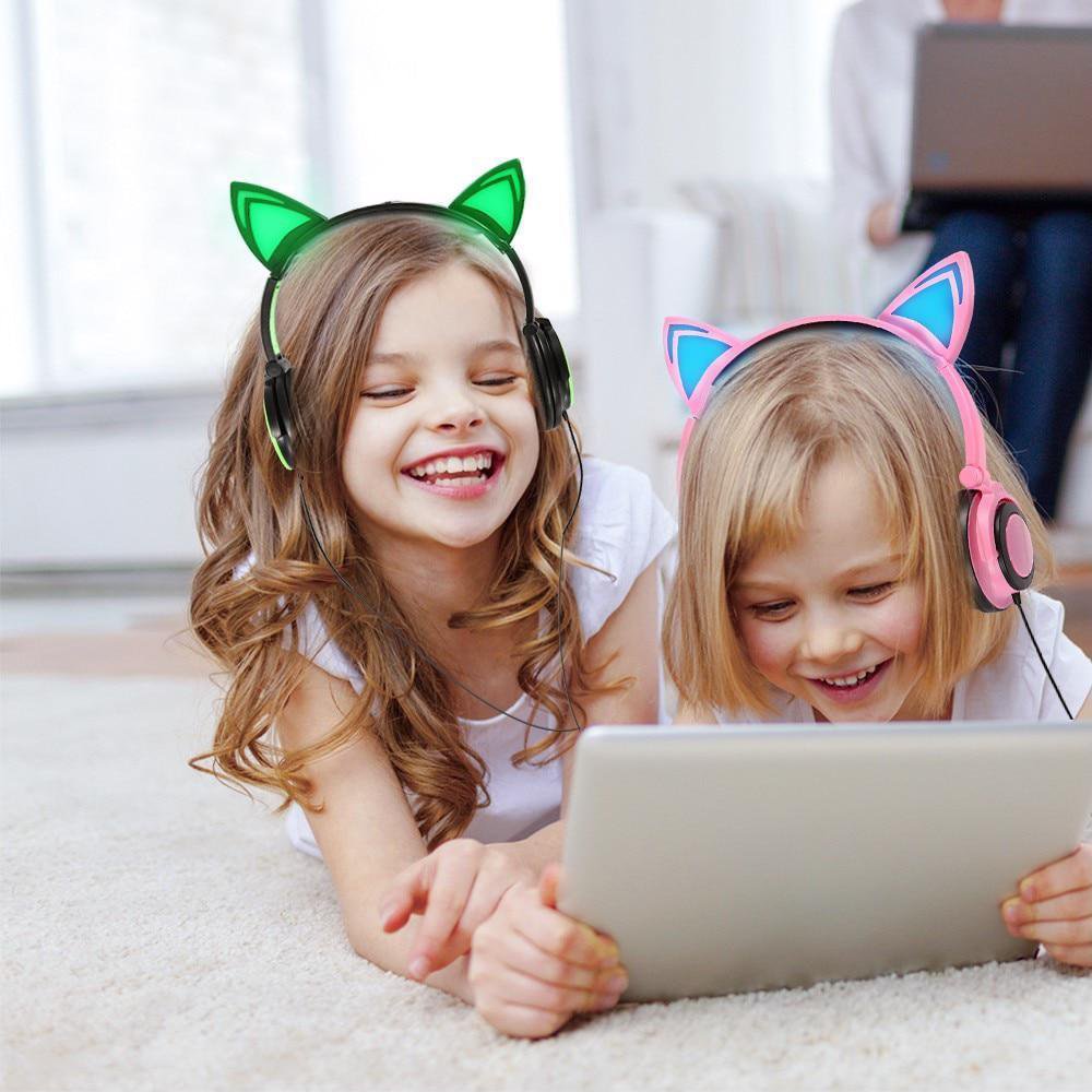Foldable Headphone Wired Earphone For Kids LED Light Cat Ear Glowing Headset