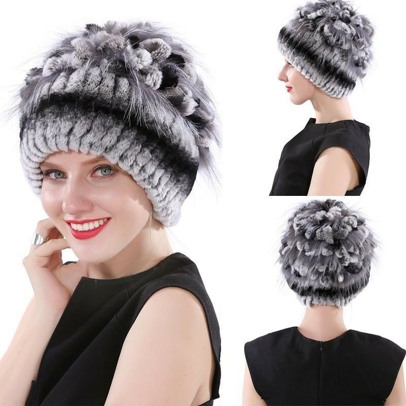Winter Fur Hat Women Real Rabbit Warm Cap Beanie Beret Knitted Fashion Ladies