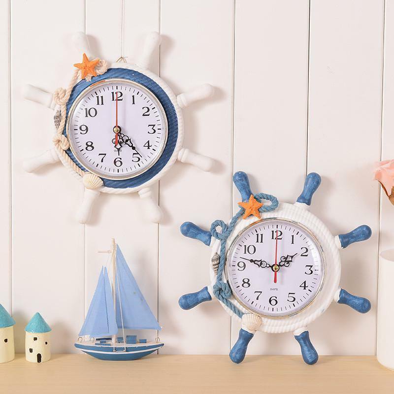 Wall Clock Vintage Art Style Helm Wood Bamboo Round Home Decor Sailor Retro Gift