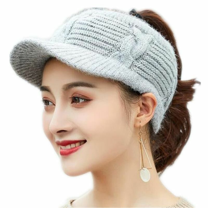 Ponytail Hat Women Winter Empty Top Beanie Rabbit Fur Knitted Girls Warm Cap