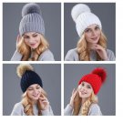 Winter Hat For Women Girls Mink And Fox Fur Cap Pom Poms Knitted Beanies Female