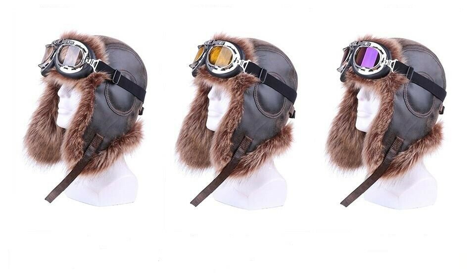 Men Winter Ushanka Hat Earflap Bomber Cap Russian With Goggles Fur Faux Leather