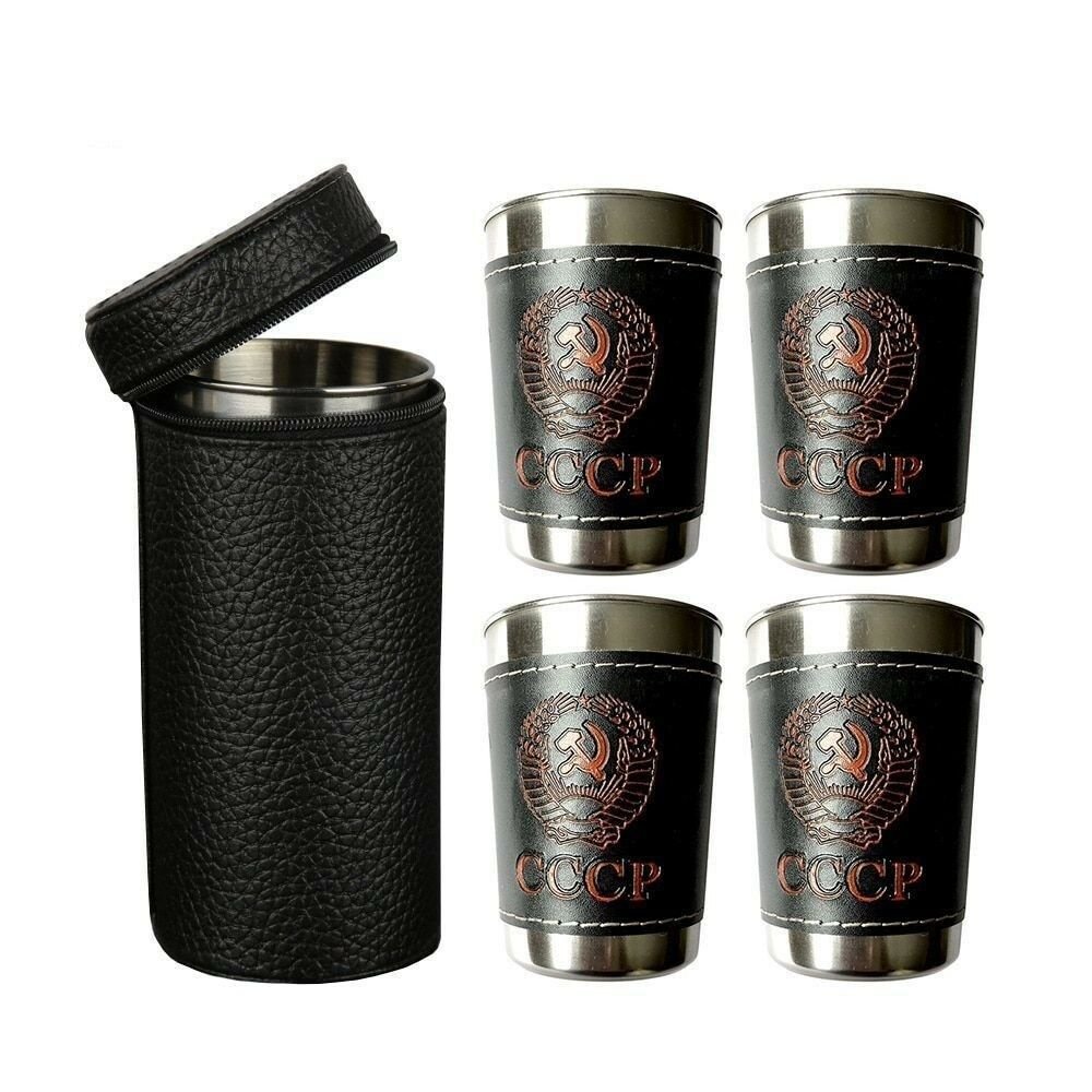 Hip Flask Cup Set Russia CCCP Stainless Steel PU Leather Liquor Alcohol Hip Shot