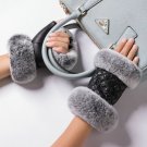 Women Winter Fingerless Gloves Leather Rabbit Fur Wrist Warm Half Finger Mittens