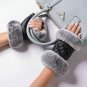 Women Winter Fingerless Gloves Leather Rabbit Fur Wrist Warm Half Finger Mittens