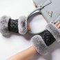 Women Winter Fingerless Gloves Leather Rabbit Fur Wrist Warm Half Finger Mittens