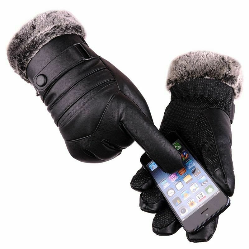Men Leather Gloves Touchscreen Waterproof Wool Warm Fur Mittens Heated Cashmere