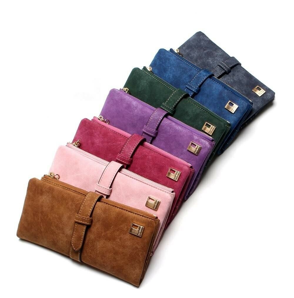 Women Wallets Nubuck Leather Drawstring Zipper Long Design Purse Two Fold Clutch