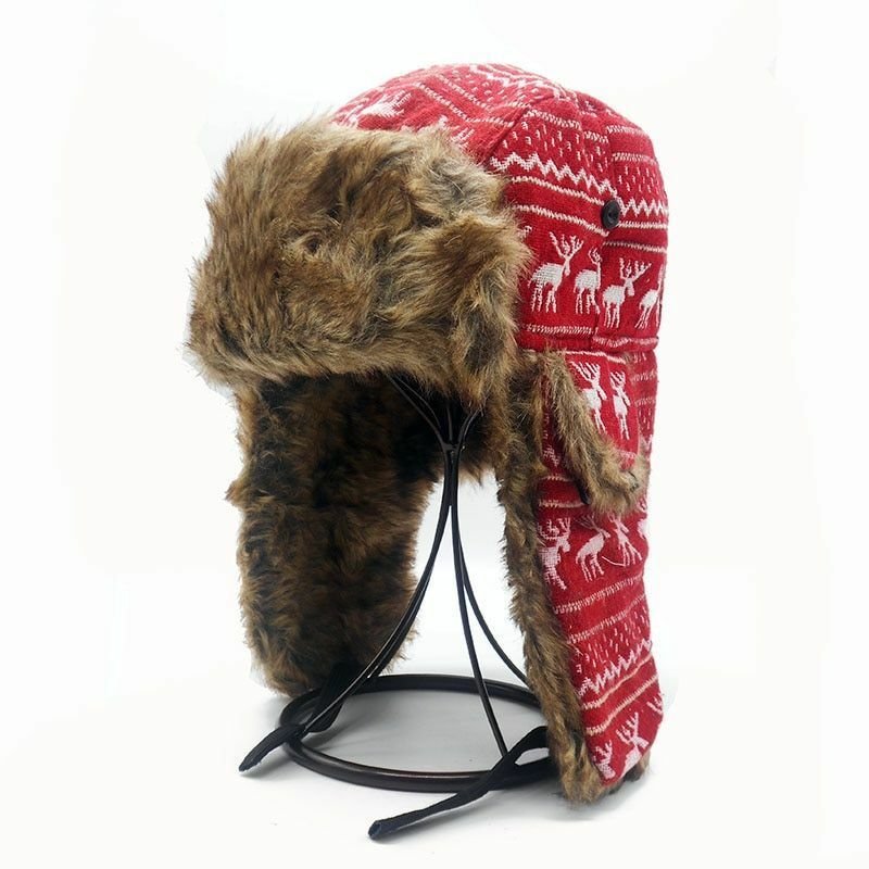 Winter Bomber Hat Men Ear Flaps Women Fur Ushanka Russian Warm Cap Christmas Elk