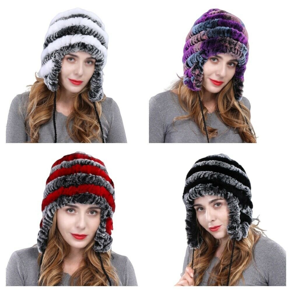 Women's Winter Warm Hat Real Rabbit Fur Lady Cap Trapper Ear Muffs Beanie Pompom