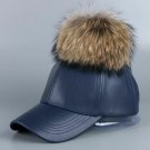 Women Winter Cap Hat Baseball Mink Fur Pom Pom Faux Leather Snakeskin Pattern