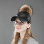 Women Winter Cap Hat Baseball Mink Fur Pom Pom Faux Leather Snakeskin Pattern
