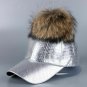 Women Winter Cap Hat Baseball Mink Fur Pom Pom Faux Leather Snakeskin Pattern