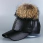 Women Winter Cap Hat Baseball Mink Fur Pom Pom Faux Leather Snakeskin Pattern