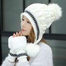 Women Winter Hat And Gloves Set Knit Fur Pom Pom Beanie Girls Warm Ski Cap Love