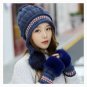 Women Winter Hat And Gloves Set Knit Fur Pom Pom Beanie Girls Warm Ski Cap Love