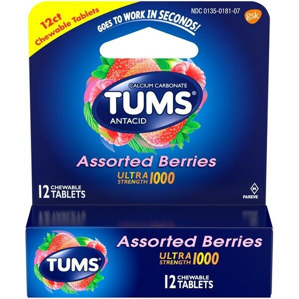 TUMS Ultra Strength Antacid 1000mg Calcium Carbonate Assorted Berries,12 Ct