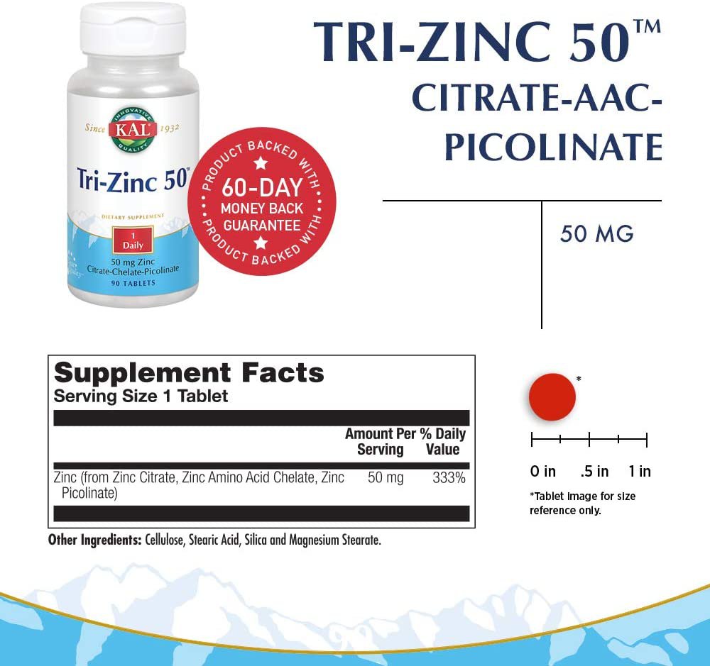 KAL Tri-Zinc 50 mg Citrate-Chelate-Picolinate Dietary Supplement ...