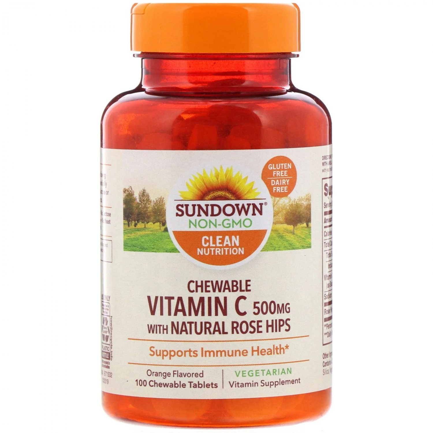 SunDown NonGMO Chewable Vitamin C Tablets 500 mg 100 ct Natural Rose
