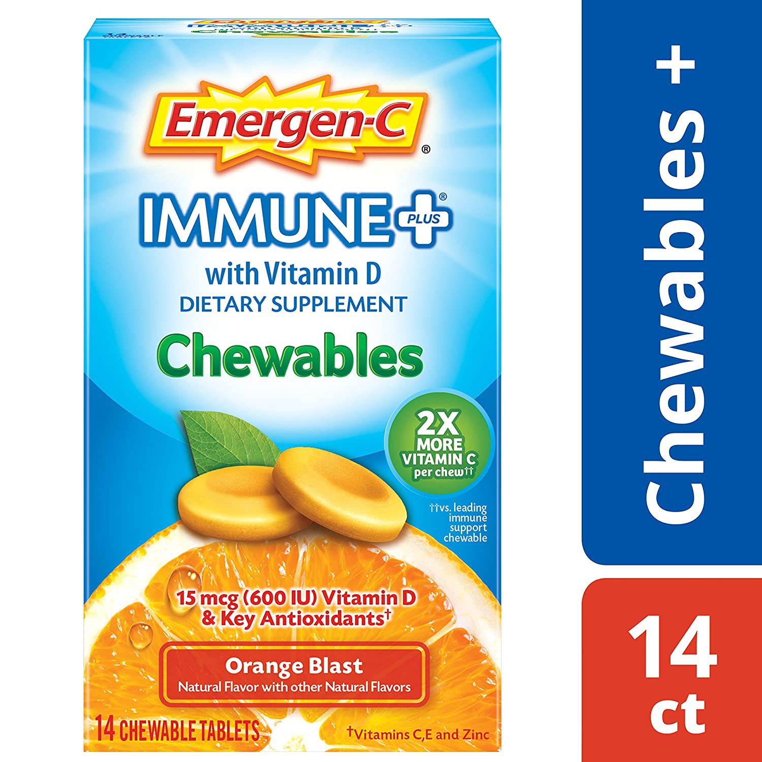 Emergen-C Immune+ Vitamin C 1000mg + D3, 14 Chewable Tablets - Orange Blast *EXP 08/2021*