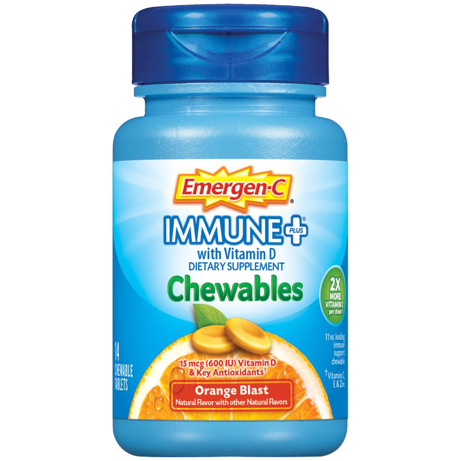 EmergenC Immune+ Vitamin C 1000mg + D3, 14 Chewable Tablets Orange
