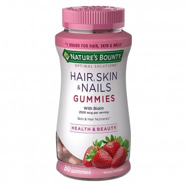 Natures Bounty Optimal Solutions Hair, Skin & Nails Gummies w/ Extra Biotin, Strawberry, 80 Ct
