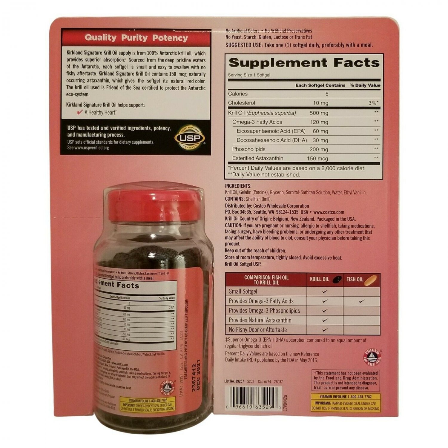 Kirkland Signature Krill Oil, 500 mg, Omega3 + Astaxanthin, 160