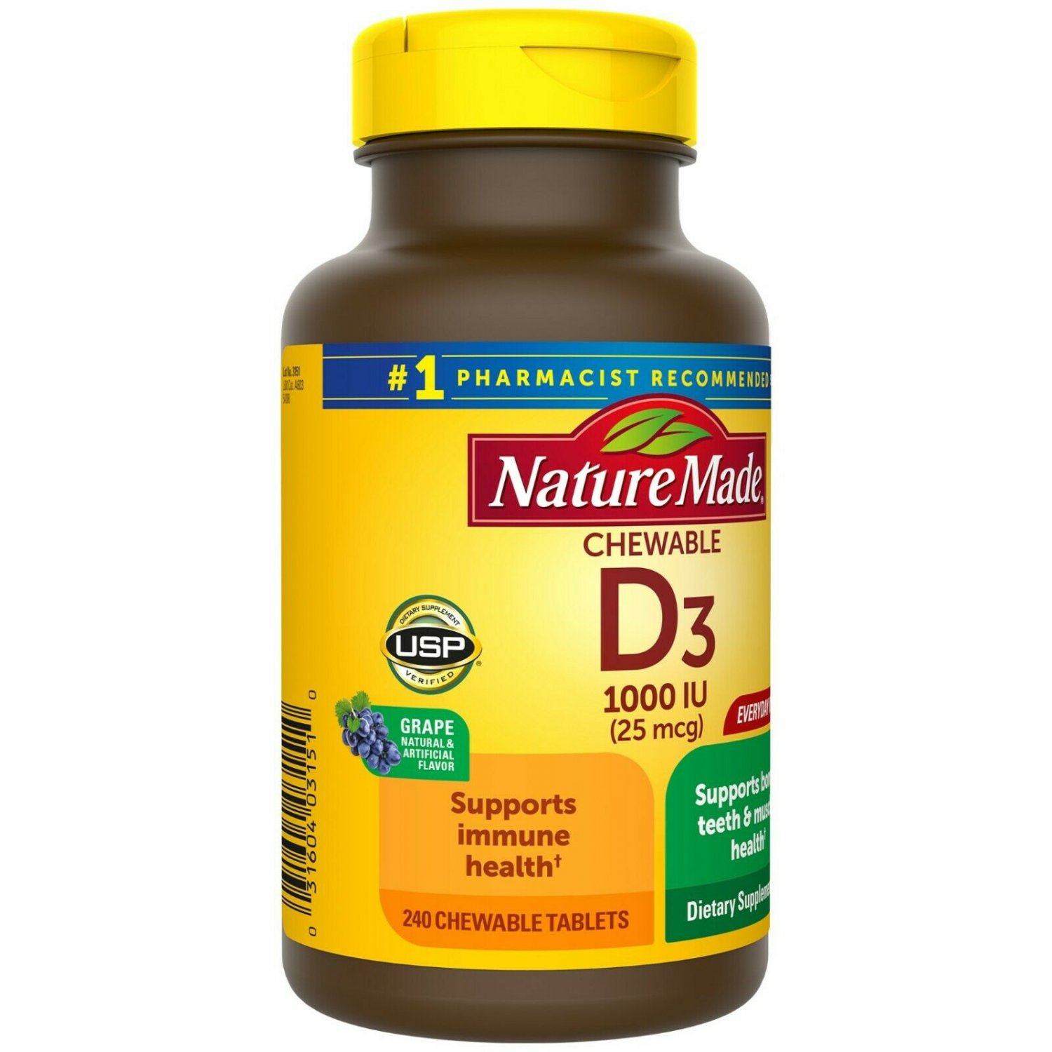 Nature Made Chewable Vitamin D3, 25 mcg (1000 IU), Grape, 240 Tablets