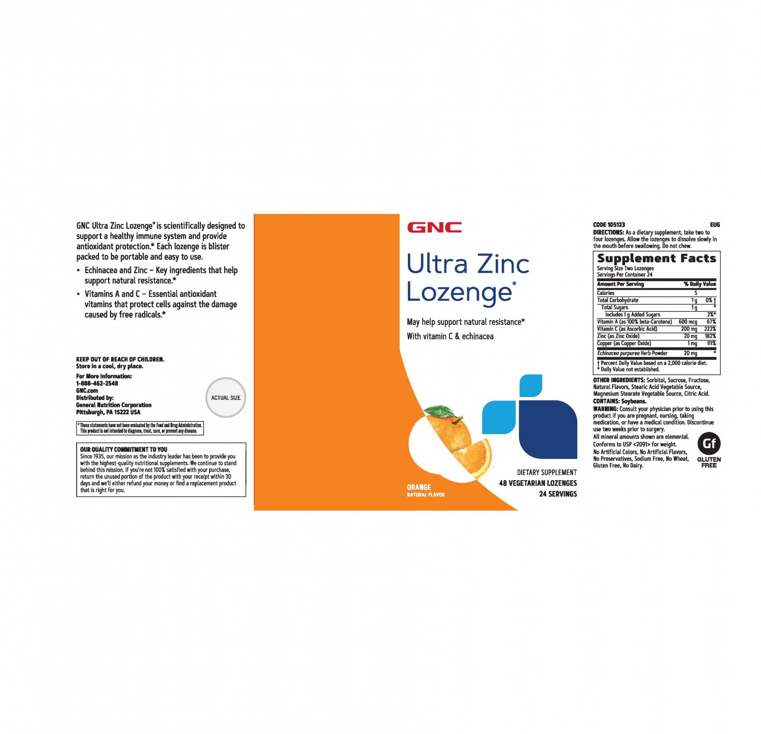 GNC Ultra Zinc Vegetarian Lozenges, Orange, 48 Count With Vitamin C