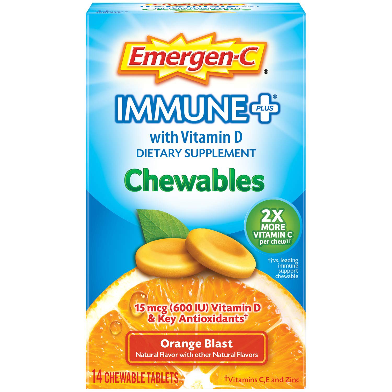 Emergen-C Immune+ Vitamin C 1000mg Plus Zinc & D3, 14 Chewable Tablets - Orange Blast Flavor