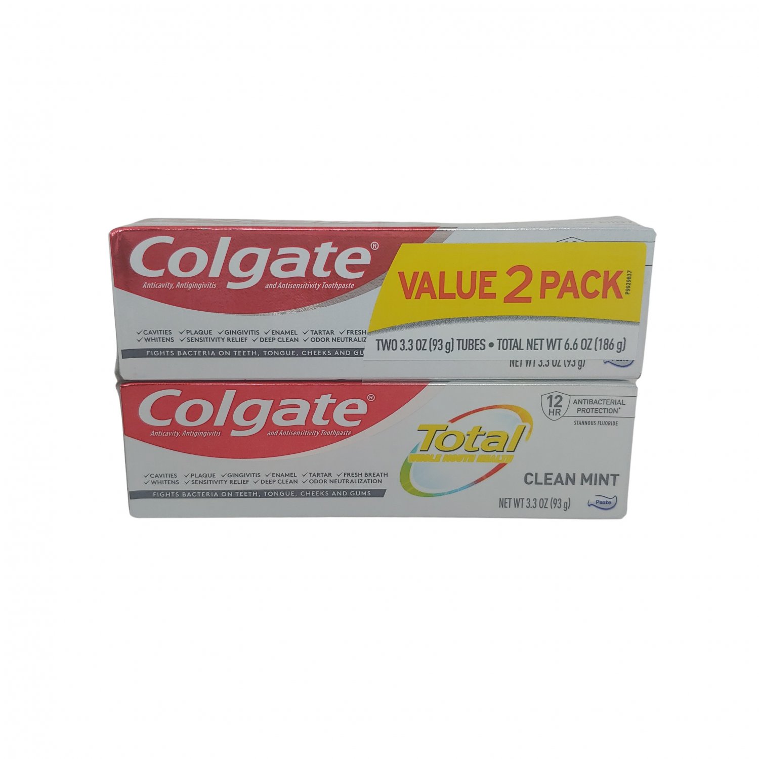 Colgate Total Whole Mouth Health Toothpaste, Clean Mint Paste, 3.3 oz (93 g) 2-Pack, Exp 06/2023
