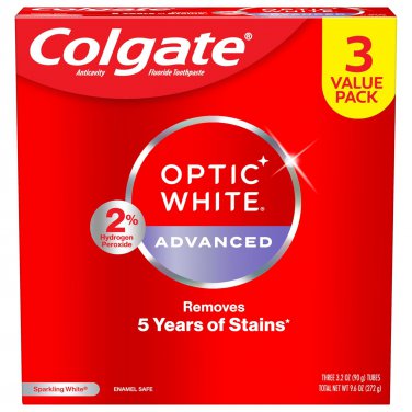 Colgate Optic White Advanced Sparkling White Toothpaste 3.2 oz (90 g 3 Pack, Enamel Safe, with 2% HP