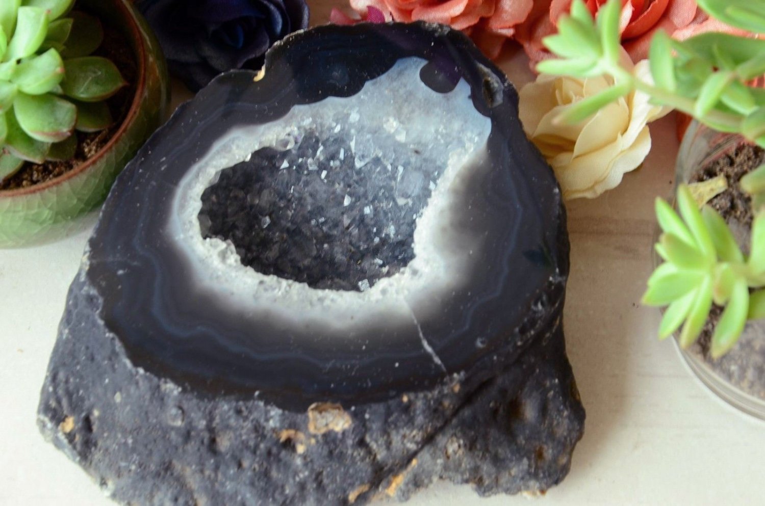 Black Agate Geode Stone Crystal Cluster Druzy Rough Rock Specimen 