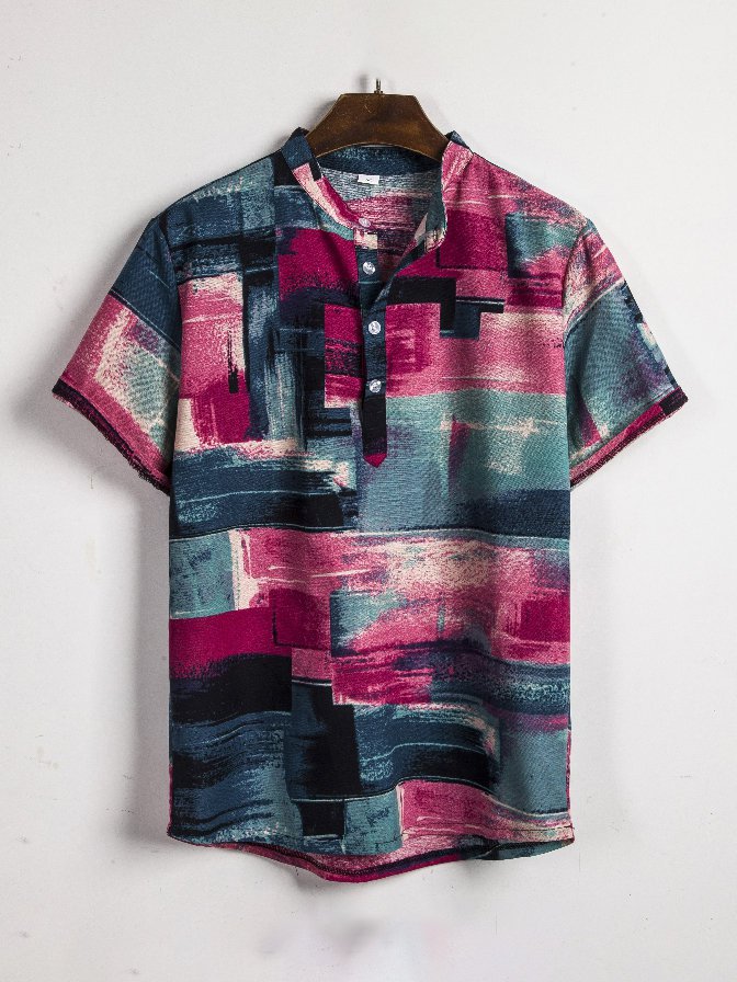 Contrast Color Button Up Men Short Sleeve Shirt