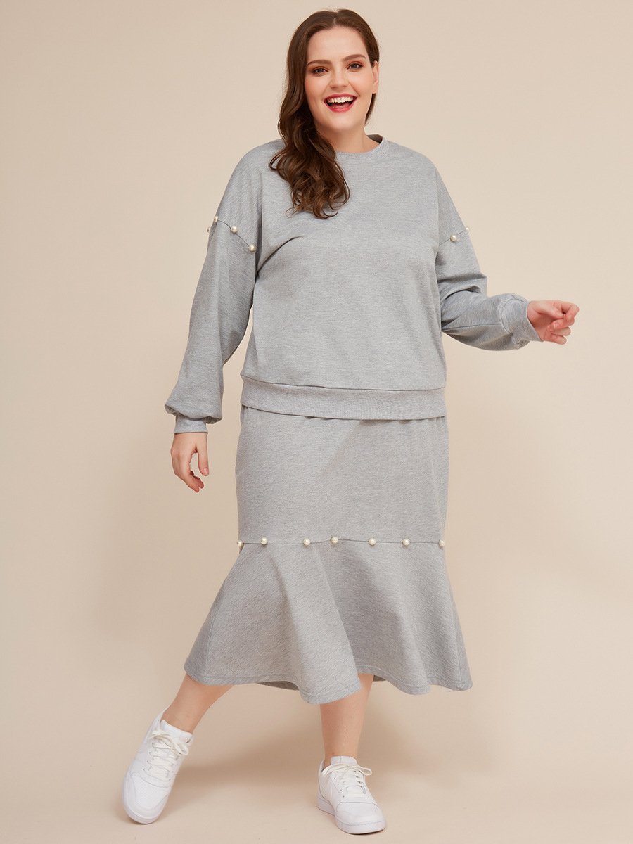 Plus Size Pearls Decor Gray Two Piece Fishtail Skirt Set