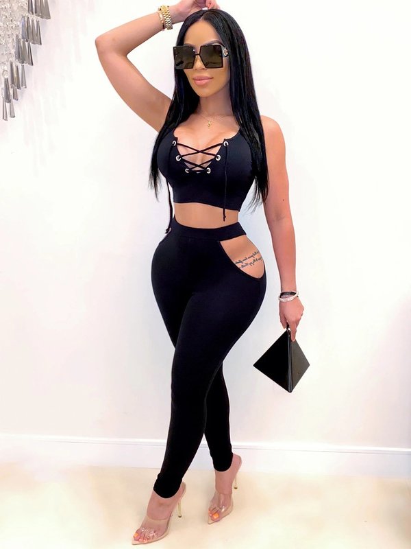 Front Lace Up Cut Out Solid Color 2 Piece Pants Set