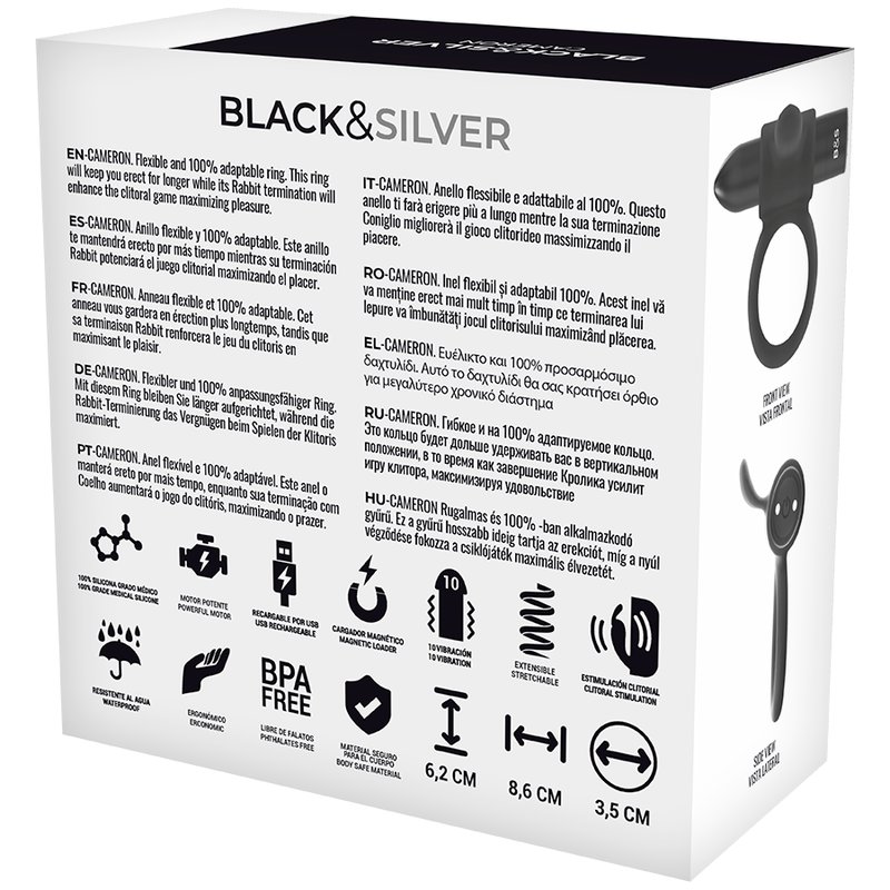 Black and Silver Cameron Rechargeable Vibrating Ring 10v Black