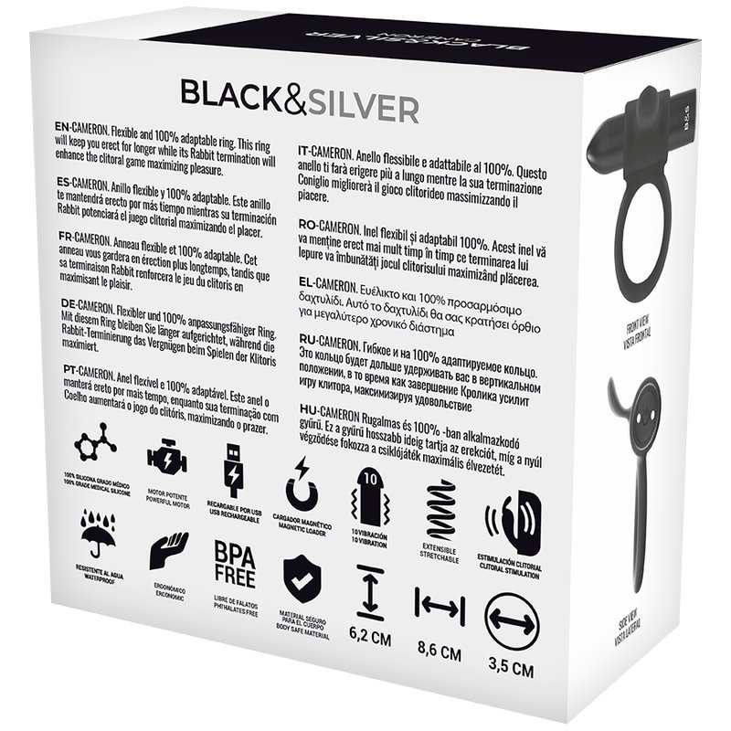 Black and Silver Cameron Rechargeable Vibrating Ring Black