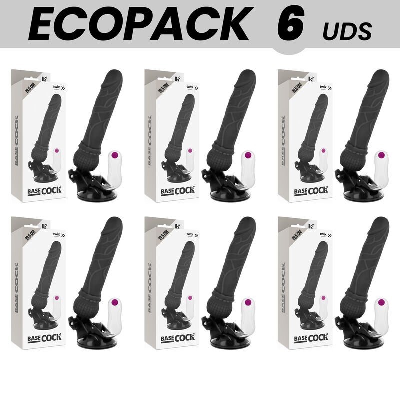 Ecopack 6 Units - Basecock Realistic Vibrator Remote Control Black 19.5 Cm
