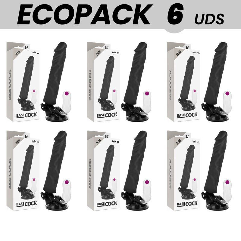 Ecopack 6 Units - Basecock Realistic Vibrator Remote Control Black 21 Cm