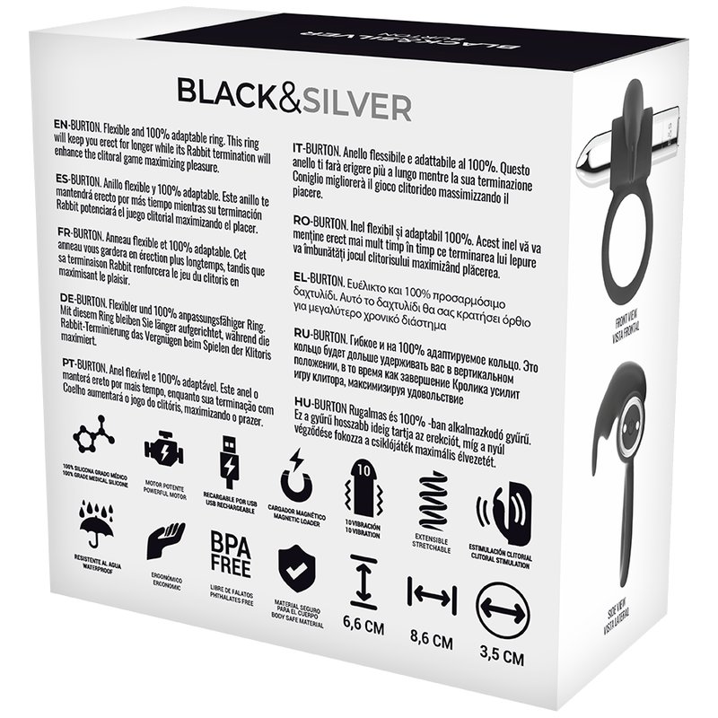 Black and Silver Burton Rechargeable Vibrating Ring 10v