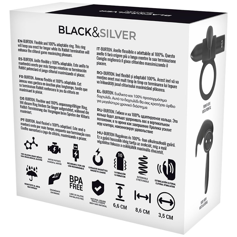 Black and Silver Burton Rechargeable Vibrating Ring 10v Black