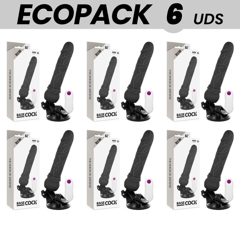 Ecopack 6 Units - Basecock Realistic Vibrator Remote Control Black 19.5 Cm