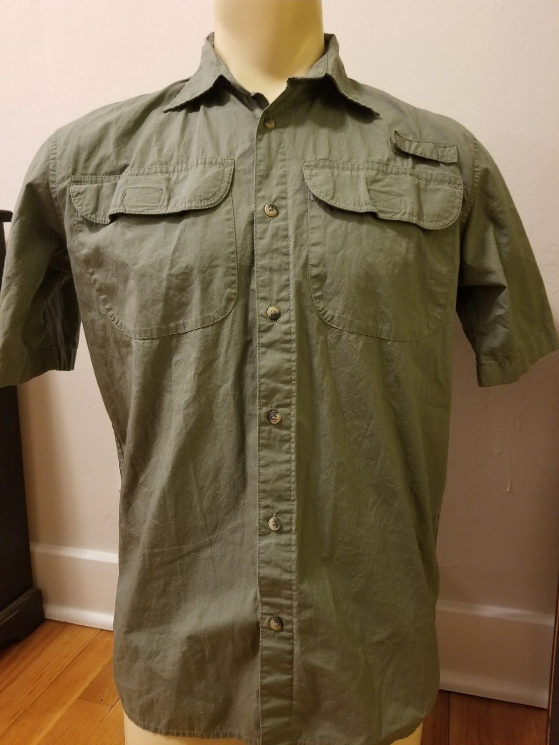Wrangler Mens Shirt Button Down Flap Pockets Short Sleeve Green Small (S)