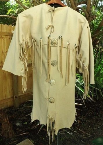 Men's Native American Mountain Man Beige Leather Ragged Style Shirt NA384 Size: XL