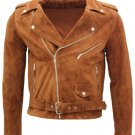 Men's New Brown Suede Leather Biker Moto Jacket SJ01 Size: XL