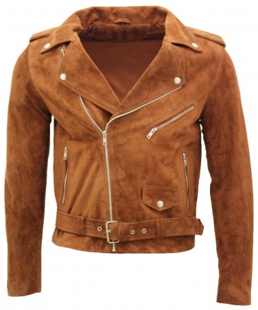 Men's New Brown Suede Leather Biker Moto Jacket SJ01 Size: XL
