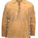 Men's New Native American Mountain Man Beige Suede Fringe Western Shirt FJ33 Size: XL