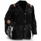 Men's New Native American Black Suede Leather Fringe Western Jacket SJ12 SIZE: XL
