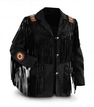 Men's New Native American Black Suede Leather Fringe Western Jacket SJ12 SIZE: XL